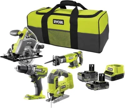 Image de Kit d'outils sans fil Ryobi ONE+ 4 outils, Perceuse-visseuse, Scies sauteuse circulaire sabre, 2 batteries 4.0Ah 2.0Ah, Chargeur et sac