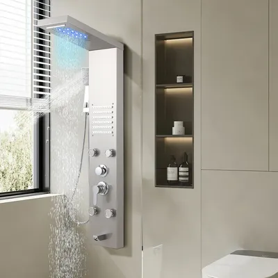 Immagine prodotto di Sistema di pannelli doccia Bettizia pannello doccia in acciaio inox spazzolato colonna doccia con 5 modalità doccia set doccia pannello doccia a torre con doccia a pioggia (argento)