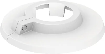 A white plastic pipe collar or rosette, viewed from a diagonal angle.