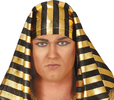 Close-up of a person wearing a pharaoh costume.
