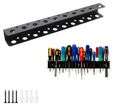 Productafbeelding van Schroevendraaierhouder wand - 40 cm - 19 gaten - Metaal - Zwart - Met schroeven en pluggen
