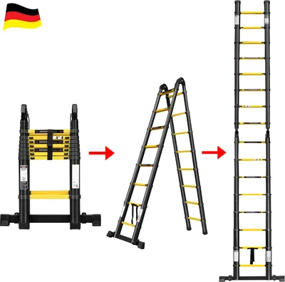 Zdjęcie produktu dla LARS360 500cm Alu-teleskopowa drabina składana, wielofunkcyjna drabina rozkładana, 16 stopni, wysokość składania 90 cm, rozkładana drabina aluminiowa