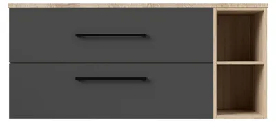 Image de Meuble Salle de Bain suspendu , Sans lavabo, 2 Tiroirs et rangements ouverts, 120x46x52cm, Chêne et anthracite, MDF
