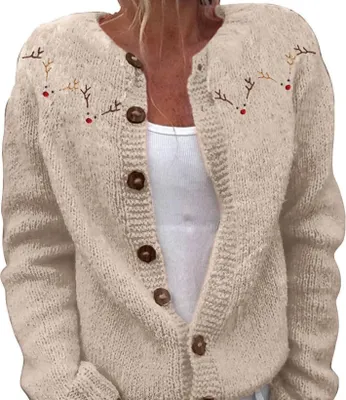 Produktbild von ASKSA Damen Weihnachts Strickjacke Weihnachtsjacke Weihnachten Cardigan Reindeer Weihnachtsmann Weihnachtspullover Sweat,Beige,XXL