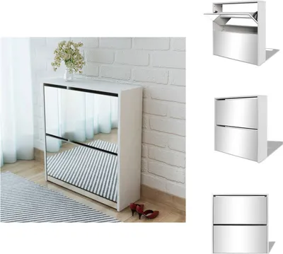 Produktbild von vidaXL Schuhschrank mit 2 Fächern Spiegel Weiß 63x17x67 cm -  Schuhregale & -schränke