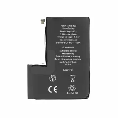 A black iPhone 12 Pro Max battery with text and symbols printed on it, isolated on a white background.