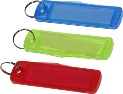 Three keychains in different colors arranged diagonally.