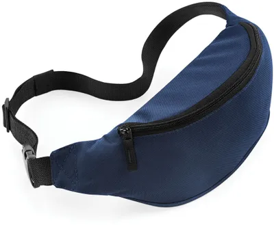 A close-up studio shot of a blue fanny pack against a white background.