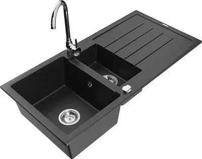 Produktbild von Mexen Andres 1,5-Becken-Granitspüle mit Abtropffläche und Mischbatterie Telma, Schwarz/Silber - 6515-73-670200-00