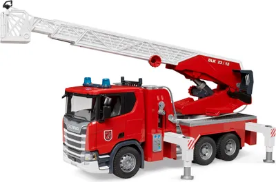 Imagen del producto de Camión Scania Super 560R para bomberos, con escalera extensible, bomba de agua, luces y sonido