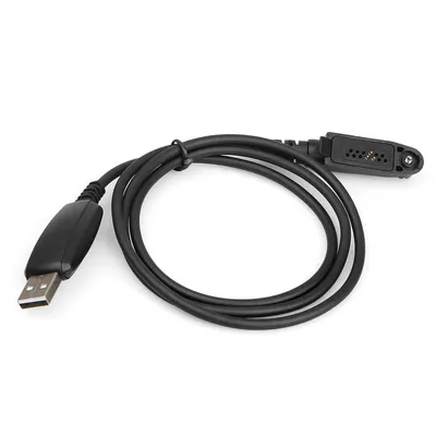 A black USB programming cable for a walkie-talkie is coiled on a white background.