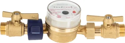 Produktbild von Einstrahlzähler ETK Kombi-Set (Warmwasser) bis 90 Grad Länge 110 mm, inkl. Kugelhähne MS blank 1/2 Zoll AG, Plombierschelle