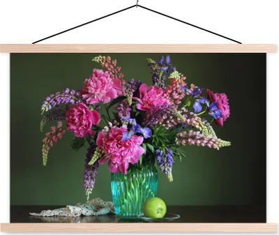 Produktbild von MuchoWow® Textilposter Farben - Blumen - Stilleben 120x80 cm mit holzfarbenen Rahmen - Aufhängeset