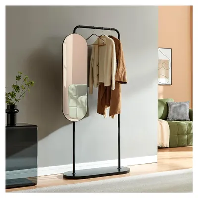 Produktbild von Garderobenständer Vamn Kleiderständer 167 x 80 x 35 cm Flurgarderobe mit Spiegel freistehend Metall Schwarz