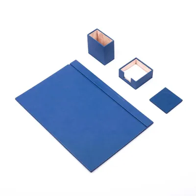 Productafbeelding van Lederen bureauaccessoireset – 4 accessoires – Blauw – 4-delige set