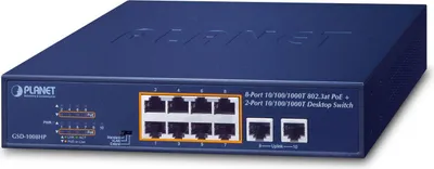 Zdjęcie produktu dla PLANET GSD-1008HP, Nie zarządzany, Gigabit Ethernet (10/100/1000), Pełny dupleks, Obsługa PoE, Możliwości montowania w stelażu, 1U