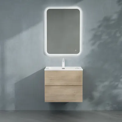 Produktbild von doporro Badmöbel-set Waschbecken-Unterschrank Badezimmer Wandmontage-Unterschrank BTH: 60x48x50 cm in Eiche Greige inkl. Mineralguss-Waschbecken und LED-Spiegel Aqualis