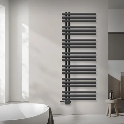 Zdjęcie produktu dla Grzejnik łazienkowy LuxeBath Design, 600x1600 mm, antracyt, zestaw przyłączeniowy termostat uniwersalny narożny i prosty, bez elementu grzejnego