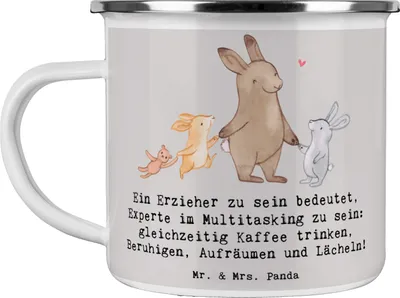 Produktbild von Mr. & Mrs. Panda Emaille Tasse Multitasking Erzieher - Grau Pastell - Geschenk, Beruf, Teetasse, handgefertigte Geschenke, Haferl, Pott, Fähigkeiten, Pädagogik, lächeln