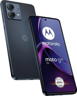 A product shot of a Motorola smartphone, with one phone shown from the back and another from the front, displaying its screen.