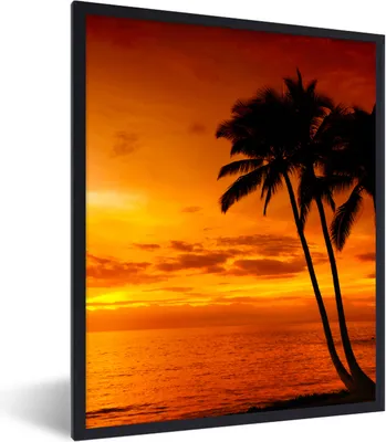 Produktbild von MuchoWow® Gerahmtes Poster Palme - Sonnenuntergang - Tropisch - Orange - Meer 30x40 cm - Poster mit Schwarzem Bilderrahmen Wandposter Rahmen Foto Bilder - Wanddeko - Kunstdrucke