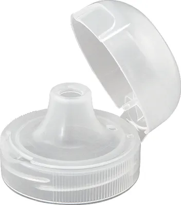 A close-up studio shot of a clear plastic flip-top sport cap for a water bottle, shown with the lid open.