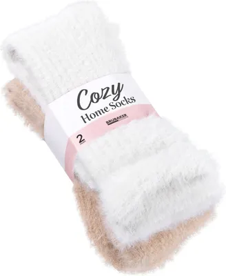 Productafbeelding van BRUBAKER 2 paar pluizige beddelsokken, beige/wit - Warme damessokken - Zachte, ademende huissokken - Wintersokken, maat 35-38