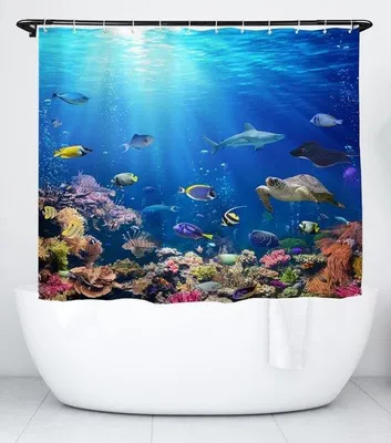 Image de Rideau de douche imperméable en polyester, 150 cm, motif océan