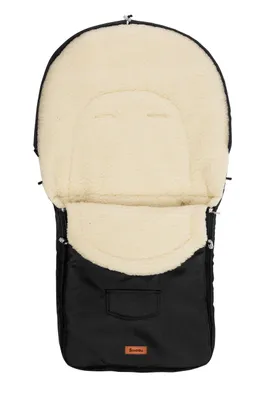 A black and cream baby stroller footmuff is shown against a white background.