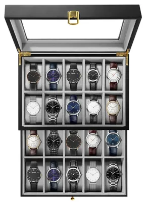 Image de Coffret à montres en bois à 20 compartiments, coffret à montres en bois pour hommes et femmes, coffret de rangement en bois noir