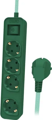 A green power strip with four outlets and a plug.