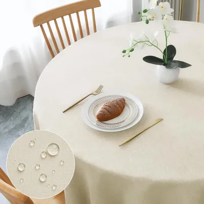 Obrázek produktu pro Kulatá ubrus, průměr 140 cm, béžová, vzhled lnu, polyester, voděodolná, odolná proti poškrábání