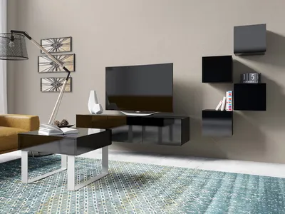 Produktbild von Wohnzimmer-Set CALABRINI-21 Wohnwand Hängewohnwand Schrankwand Schrank TV-Schrank Couchtisch Moderne Anbauwand Hochglanz (Schwarz)