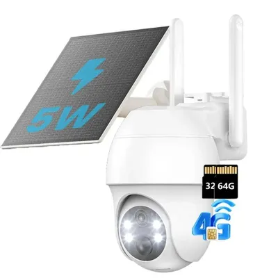 Image de Caméra de surveillance 4G LTE avec carte SIM Caméra solaire extérieure 2K Surveillance sans fil à 360° avec batterie Caméra extérieure PIR sans Wi-Fi  avec carte 32G&64G