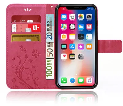 Produktbild von Handy Tasche für Apple iPhone XR Schutz Hülle Handyhülle mit Blumenmuster Klapp Hülle mit Standfunktion und Kartenfächer Pink