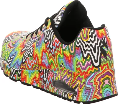 A side view of a colorful sneaker.