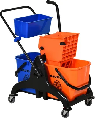 Zdjęcie produktu dla Wózek do czyszczenia Profesjonalny wózek do czyszczenia z prasą szczękową 2 wiadra + miejsce do przechowywania Pomarańczowo-niebieski