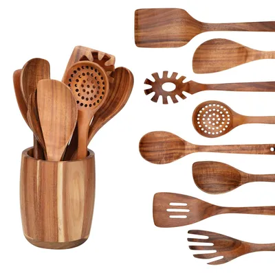 Produktbild von Küchenhelfer-Set, 9-teilig – Teakholz-Löffel und -Pfannenwender