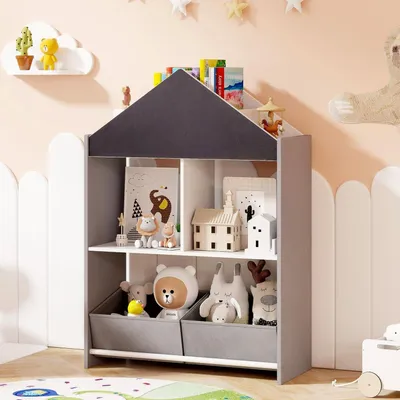 Image de Étagère pour enfants avec tableau et tableau blanc, couleur grise. 6 compartiments ouverts, 2 boîtes de rangement, système anti-basculement