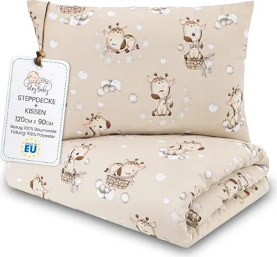 Produktbild von Kinder Bettdecke ohne Bezug 90x120 cm - Baumwolle Baby Decke und Kissen Set Kinderdecke 90 x 120 und Kopfkissen 60 x 40 - Bettdecken Kinderbettdecke für Babybett Giraffen