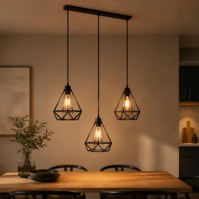 Productafbeelding van Hanglamp, 3-lichts, vintage industriële lamp met rechthoekige voet, 150 cm in hoogte verstelbaar, E27 fitting, geschikt voor eetkamer, keuken, woonkamer, AI-gegenereerde afbeelding