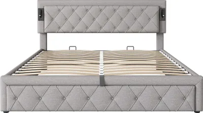Produktbild von Flieks Hydraulisches Polsterbett 180x200cm mit USB & Type-C, Boxspringbett Doppelbett mit Lichte, Stauraumbett Holzbett Jugendbett, Leinen, Grau