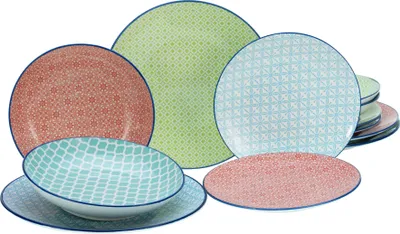 A collection of colorful plates and bowls with geometric patterns.