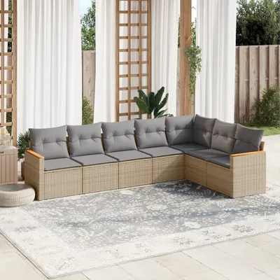 Produktbild von Design 7-tlg. Garten-Sofagarnitur mit Kissen Beige Poly Rattan, Gartenmöbel-Sets 2024 Neu