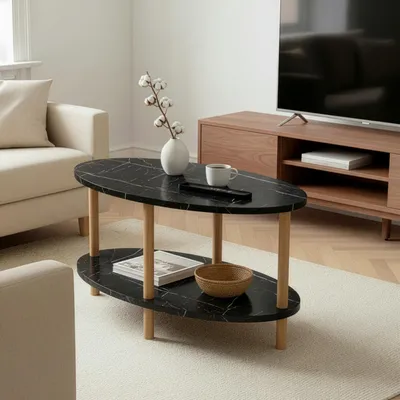 Produktbild von Beistelltisch Oval Schwarz Marmor Optik 2 Ablagen 70x44 cm Sofatisch Couchtisch Nachttisch (Schwarz-Marmor, Oval)