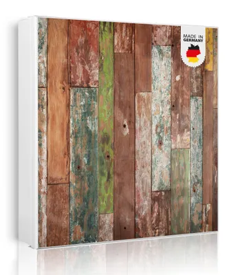Produktbild von banjado Schlüsselkasten aus Metall, 30x30cm groß mit 32 Haken, als Magnettafel nutzbar, Korpus weiß, Anschlag links, Buntes Holz [SKGW2 12140]