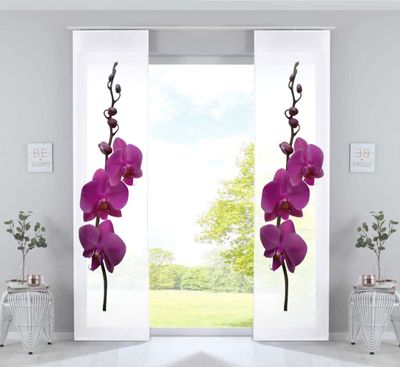 2er Set Schiebevorhänge Bedruckt Flächenvorhänge »Izmir« HxB 245x60 cm Orchidee Lila Microsatin Blickdicht Lichtdurchlässig mit Paneelwagen, 2022400B-2