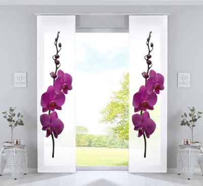 Produktbild von 2er Set Schiebevorhänge Bedruckt Flächenvorhänge »Izmir« HxB 245x60 cm Orchidee Lila Microsatin Blickdicht Lichtdurchlässig mit Paneelwagen, 2022400B-2