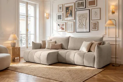 Produktbild von Ecksofa mit Schlaffunktion & Bettkasten – Skandi 4-Sitzer Schlafsofa in L-Form – Freistehende Eckcouch, Ottomane Links oder Rechts Montierbar – Liegefläche 220 × 145 cm – Cordstoff Beige
