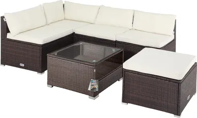 Produktbild von CASARIA® Gartenmöbel Lounge Set Wetterfest 5 Personen Polyrattan Sicherheitsglas Tisch Outdoor Sitzkissen Terrassenmöbel Eck Sofa Braun Creme